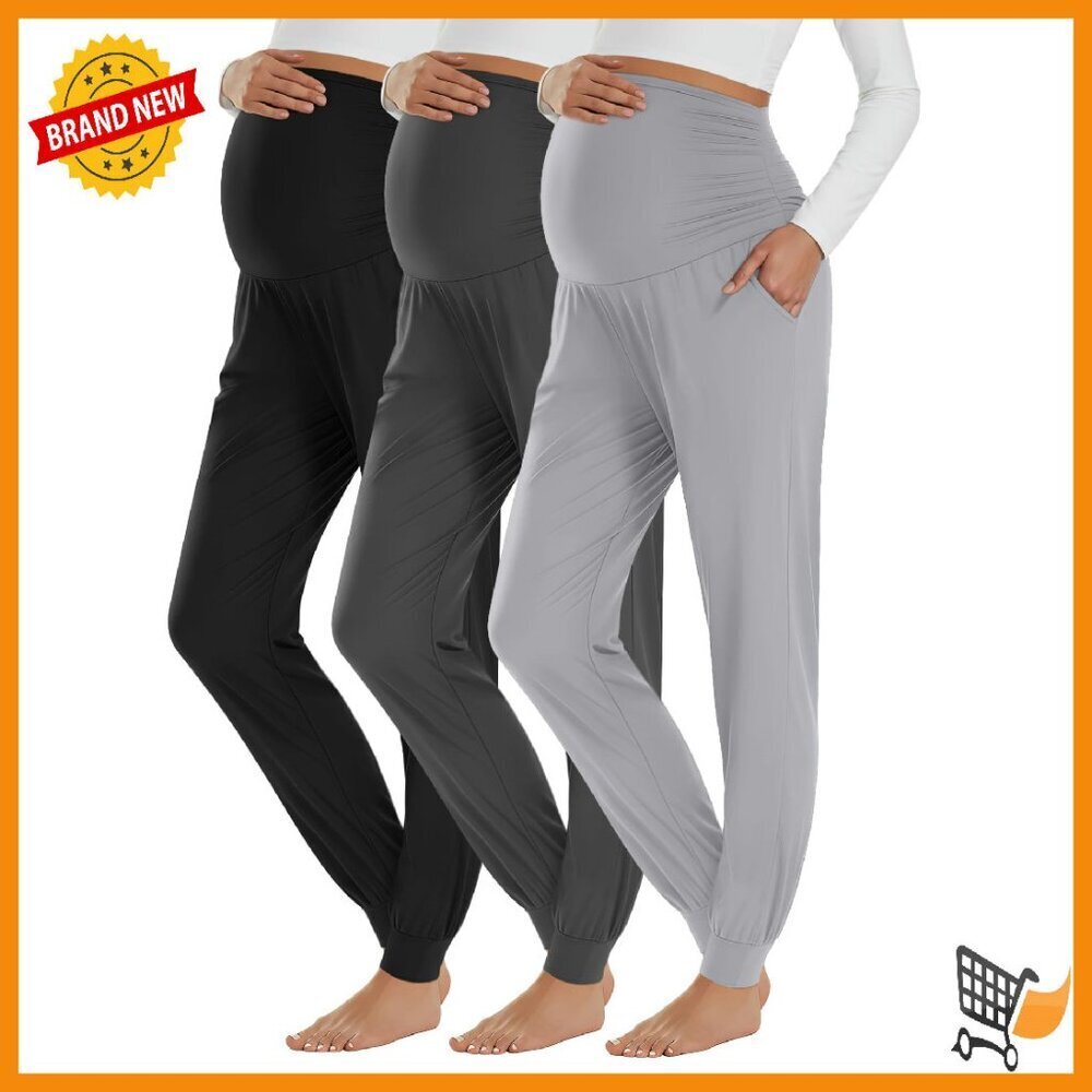 3 Pack Maternity Joggers Over Belly Stretchy Lounge Pants with Pockets